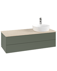Meuble vasque Villeroy & Boch Antao K23053HL 120 x 36 x 50 cm, percé pour robinetterie, plan vasque couleur Botticino, laque mate vert feuille